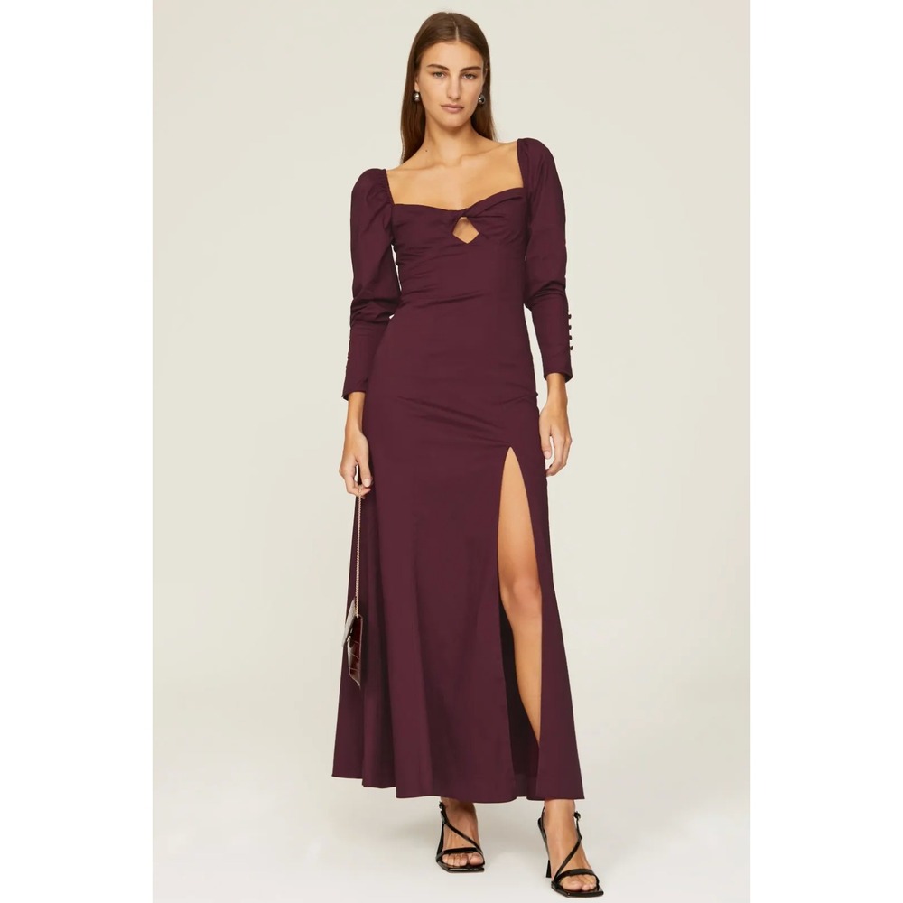 B50 Staud Josephine Maxi Dress 12 Purple Plum Sweetheart Neck Long Sleeve Slit